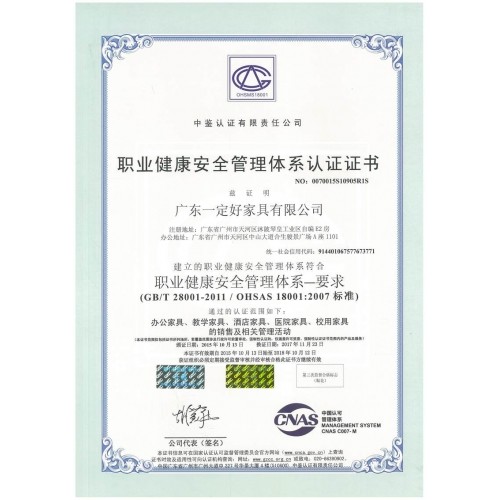 职业安全管理体系认证证书 (中文)